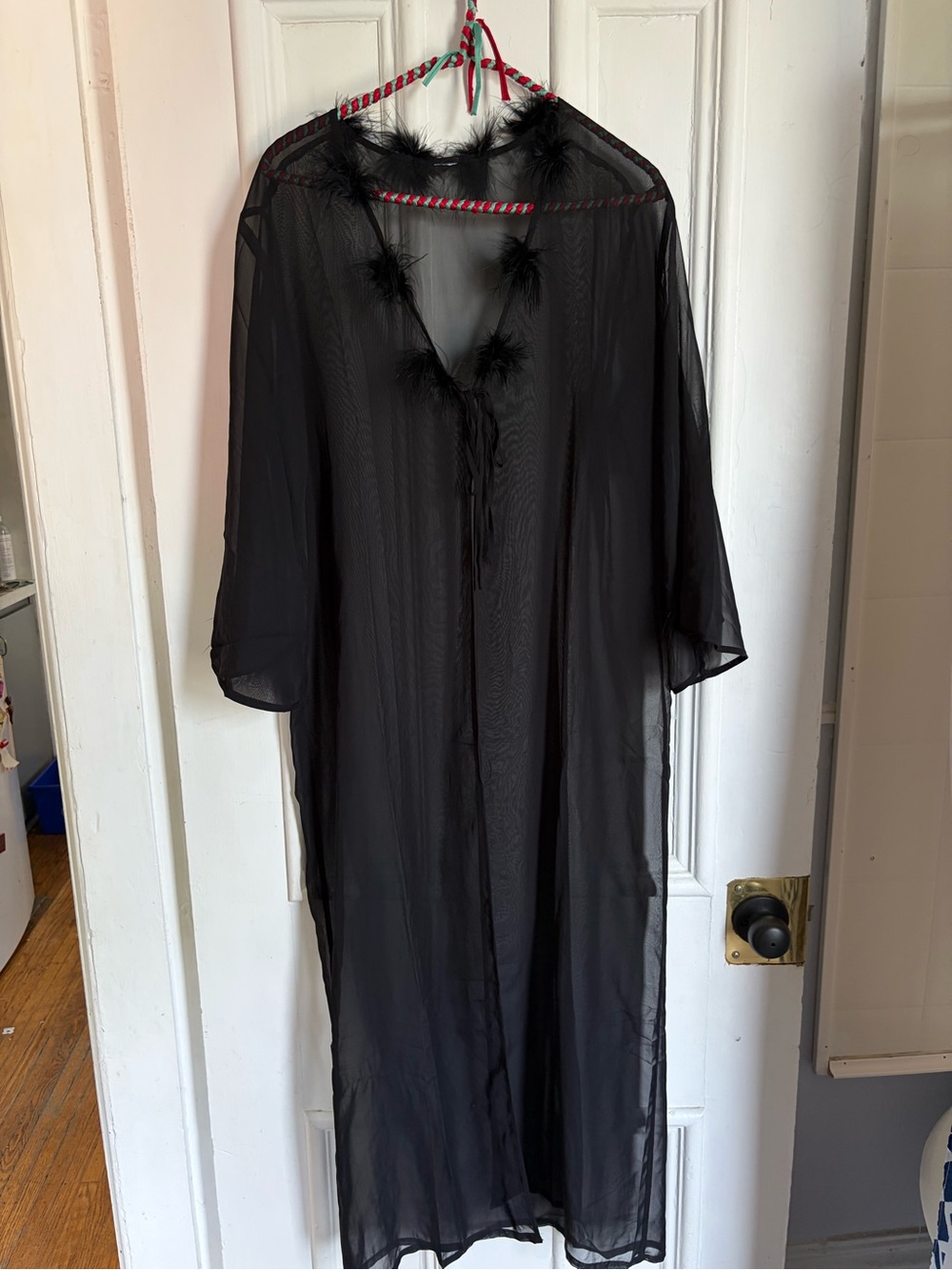 Sheer Black Feather Trim Lounge Robe